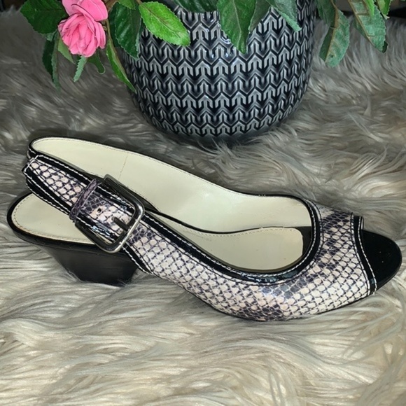 Franco Sarto Peep Toe Slingback Shoes Black and Grey Snakeskin Woman’s Size 7.5M - Picture 16 of 16